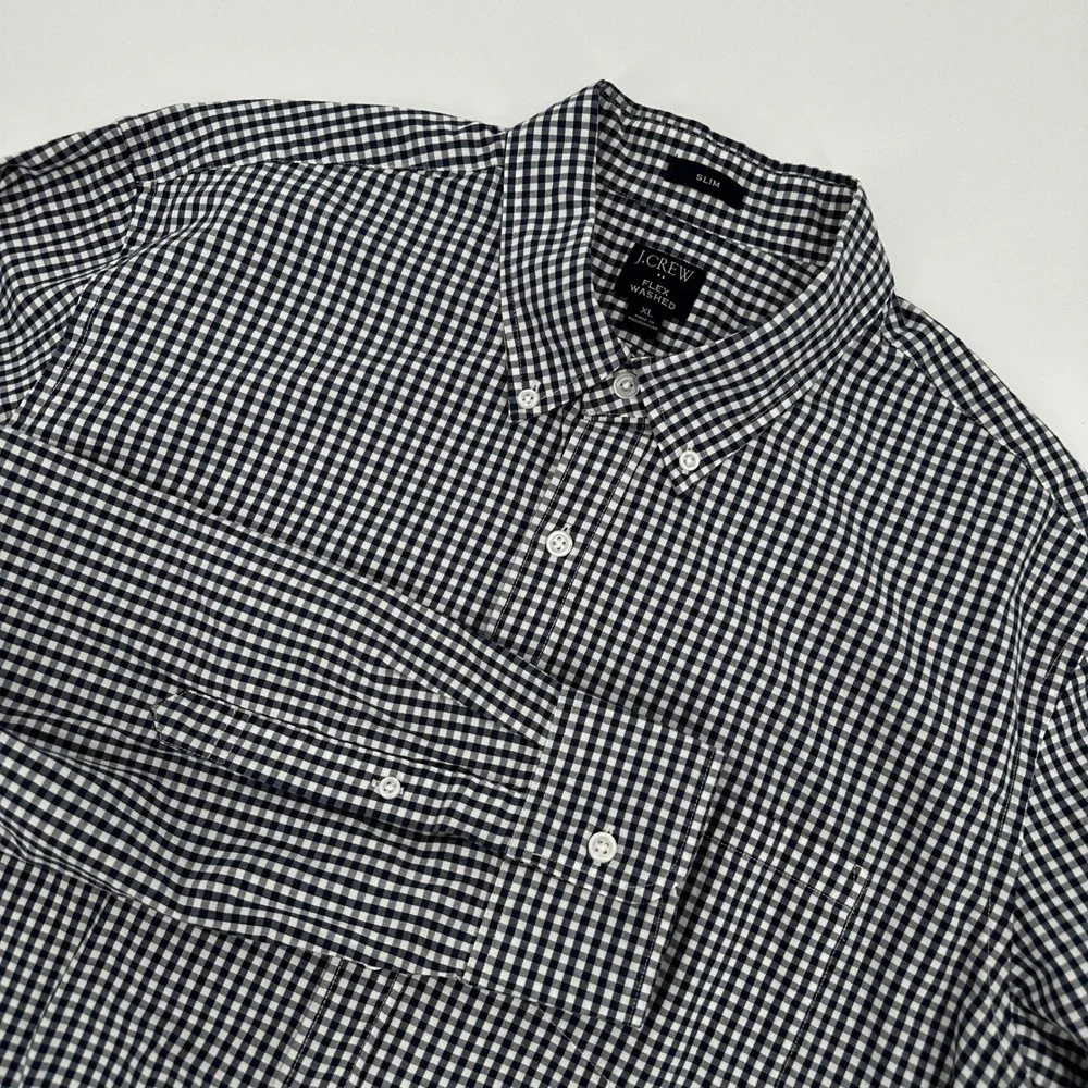 J Crew Flex Washed Slim Fit Gingham Shirt Mens XL Navy Blue White Long Sleeve‎